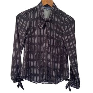 ModCloth Paperclip Print Pussybow Tie Long Sleeve Blouse Black White XXS